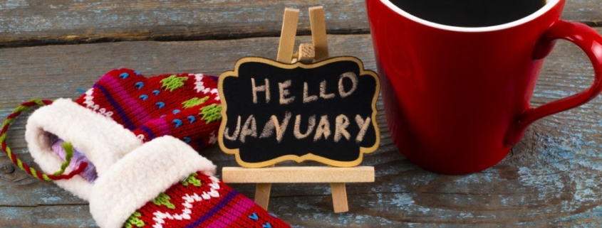 Concept january message on blackboard with a Cup of coffee and mittens